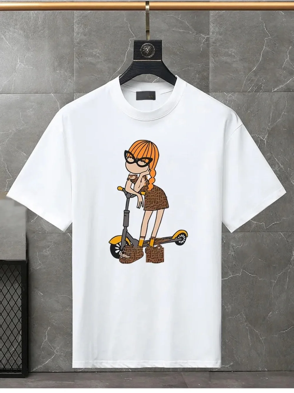 Fendi Authentic White Graphic Tee with Orange Cartoon Girl on Scooter⭐️8A
